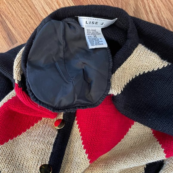 LISE J. Vintage Harlequin Argyle Button Down Cardigan Black Red Gold Size Med - Picture 7 of 7